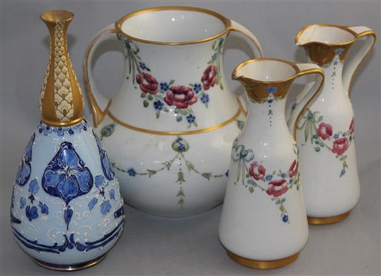 William Moorcroft for James Macintyre. An 18th century pattern two handled vase, two similar ewers and a gesso faience vase, 25cm, neck